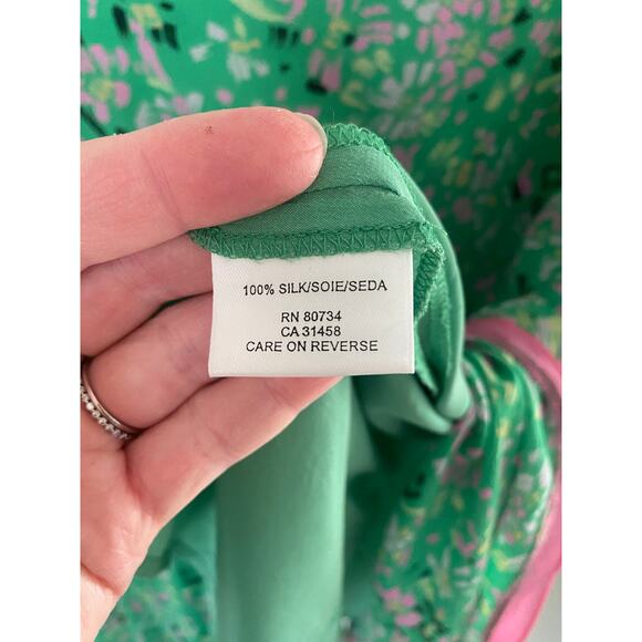 Y2K BCBGMAXAZRIA 100% Silk Green Pink Print Size Small Asymmetrical Hem - Picture 5 of 8